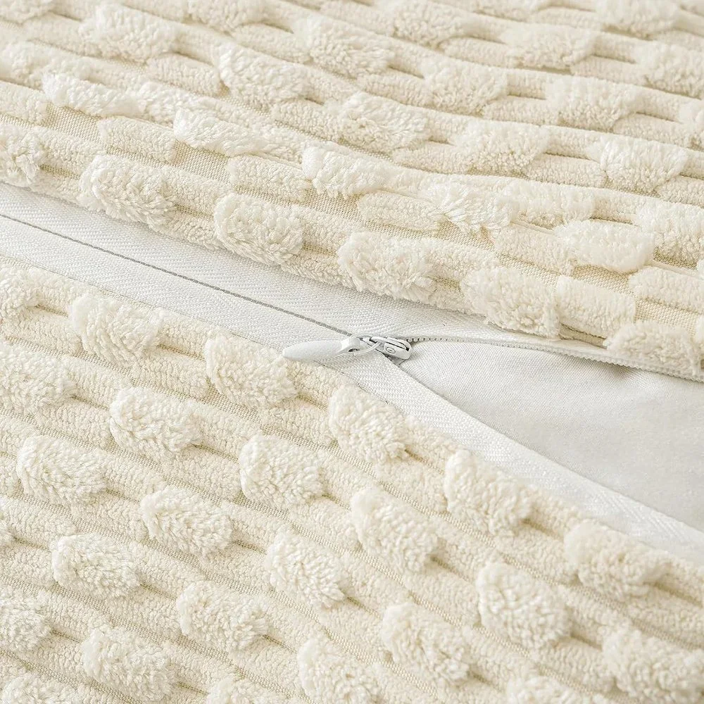 Pompom Cream Stripe Texture Corduroy Farmhouse Cute Luxury Soft Pillow Cover Set